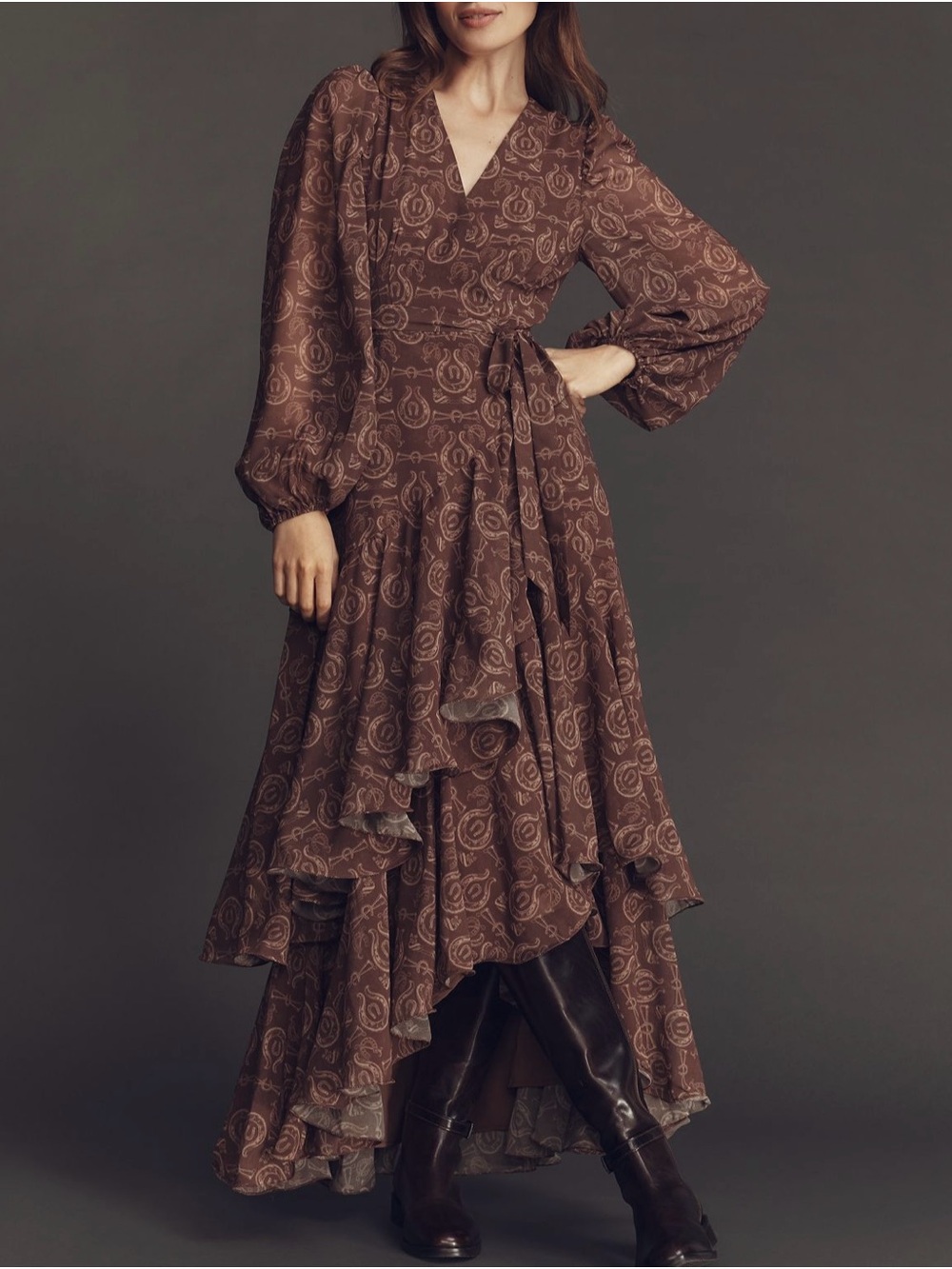 Hutch Helen Long-Sleeve Ruffled Wrap Maxi Dress Size XXS Petite